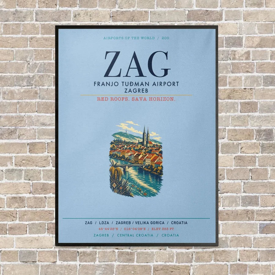 Franjo Tuđman Airport Zagreb ZAG vertical canvas print - framed - light blue background