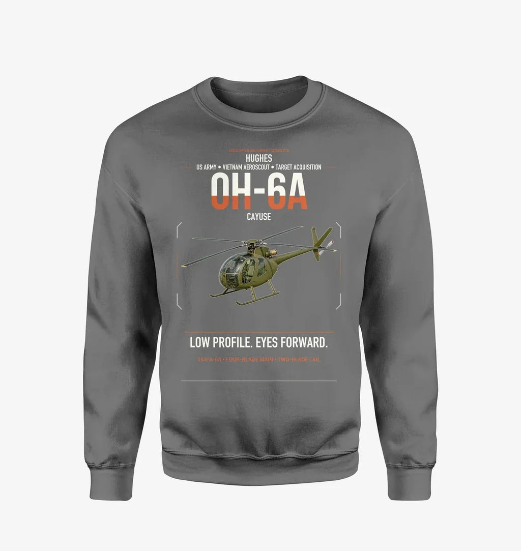 Hughes OH-6A Cayuse design on gray sweatshirt