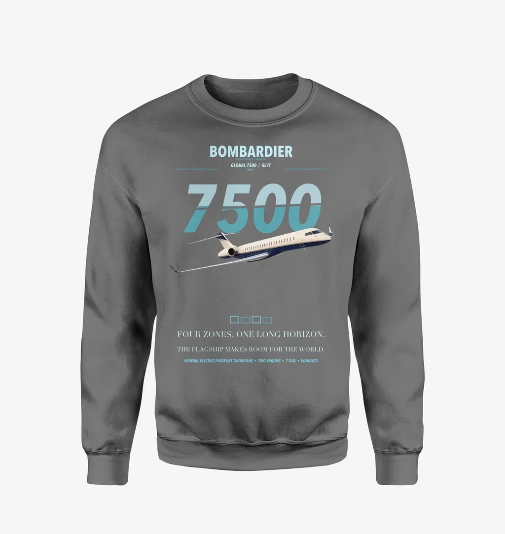 Bombardier Global 7500 design on gray sweatshirt