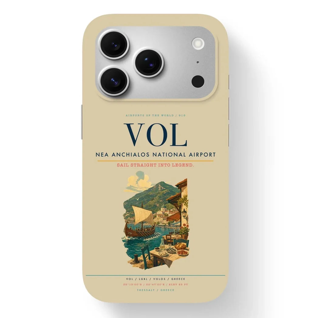 Volos Airport (VOL) design on beige iPhone 17 Pro MagSafe case