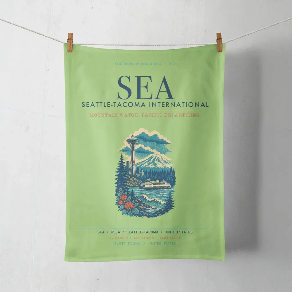 Seattle-Tacoma International Airport (SEA) design on light green towel