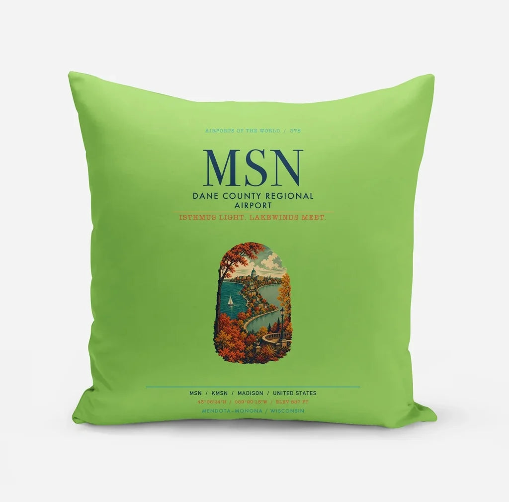 Dane County Regional Airport Madison (MSN) design on light green pillow
