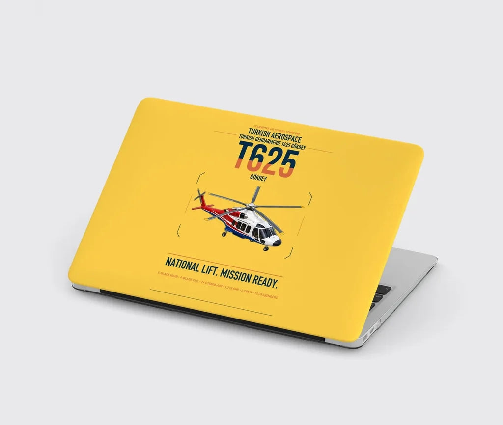 Turkish Aerospace T625 Gökbey design on yellow MacBook case