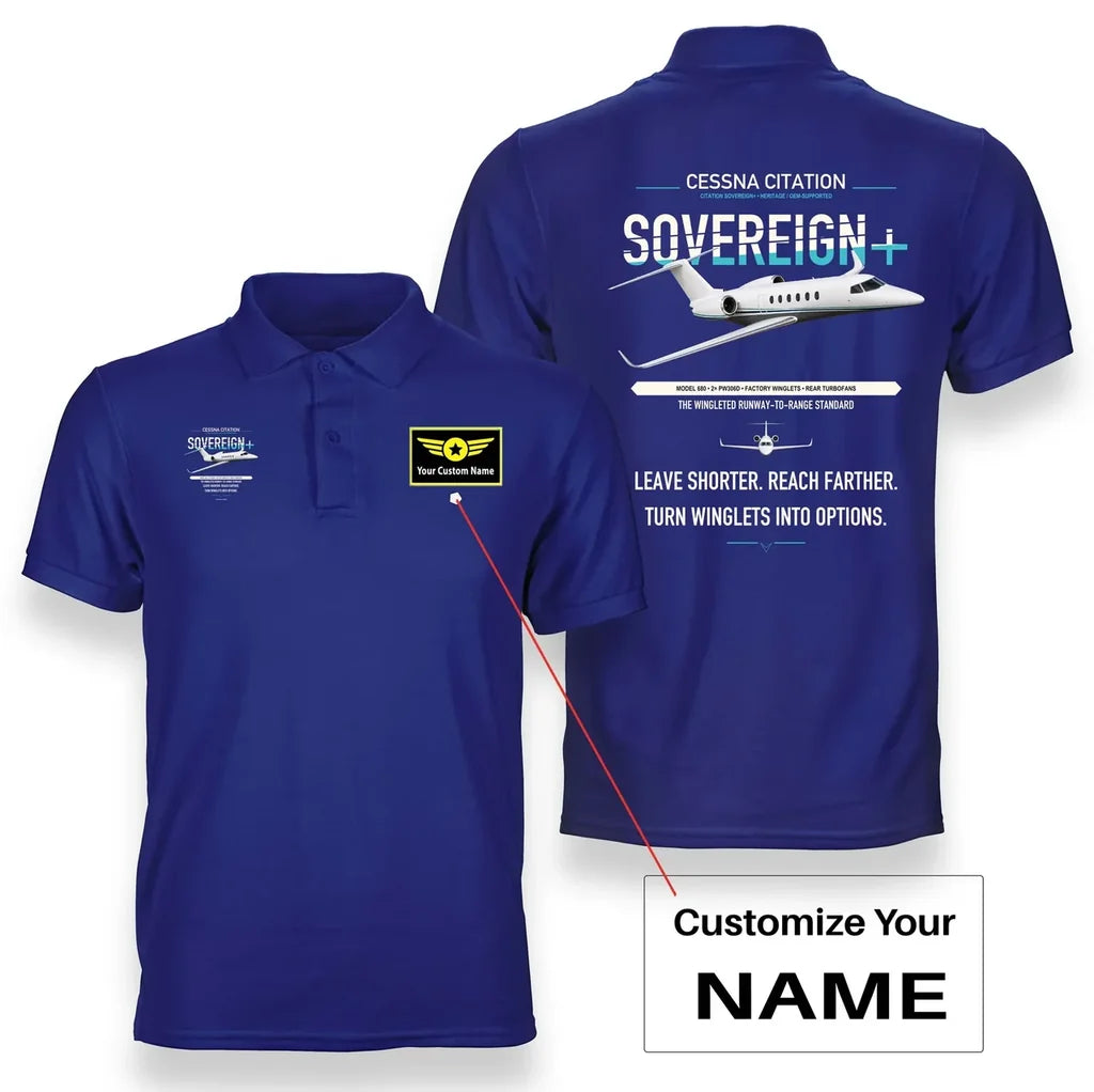 Cessna Citation Sovereign+ design on blue+name double-side polo t-shirt, double-side print