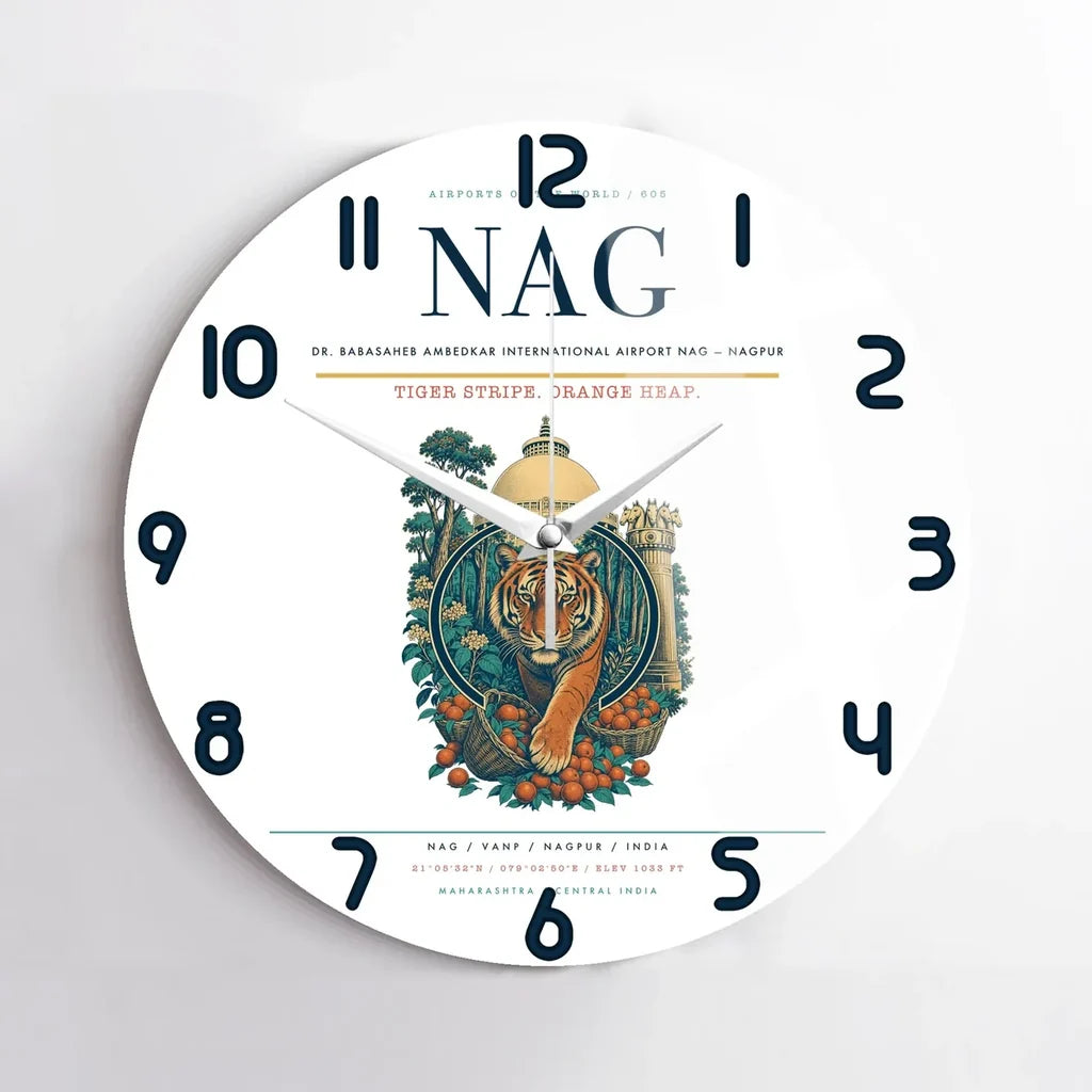 Dr. Babasaheb Ambedkar International Airport (NAG) design on white no frame wall clock