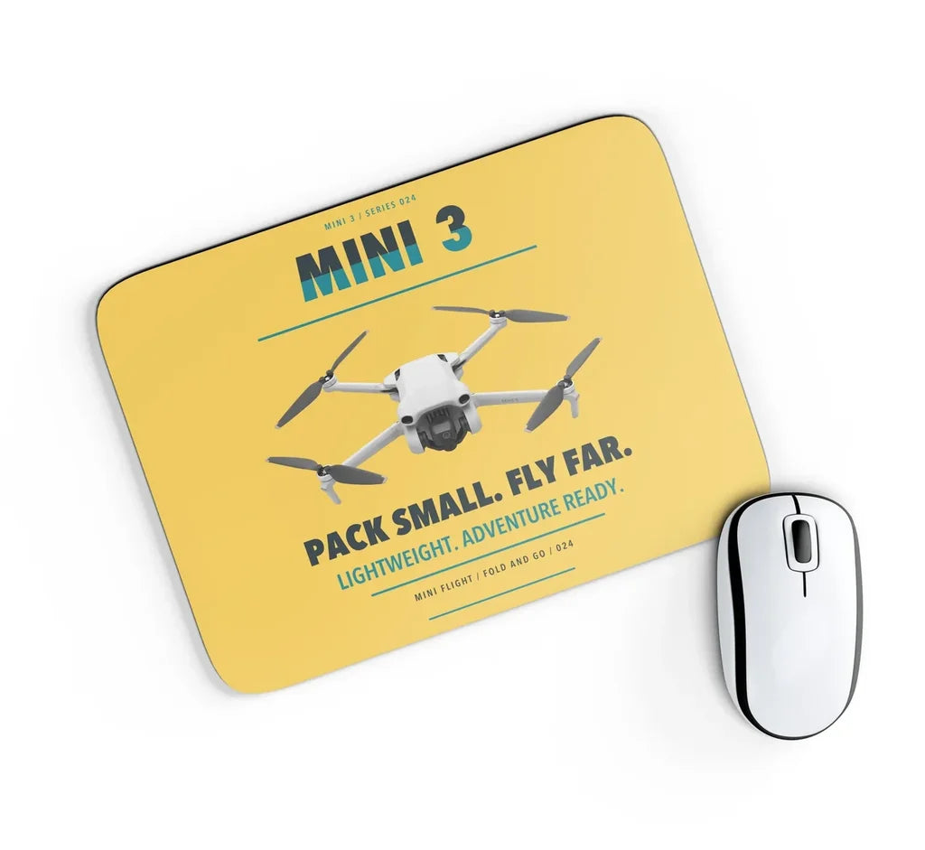 DJI Mini 3 design on yellow rectangle mouse pad