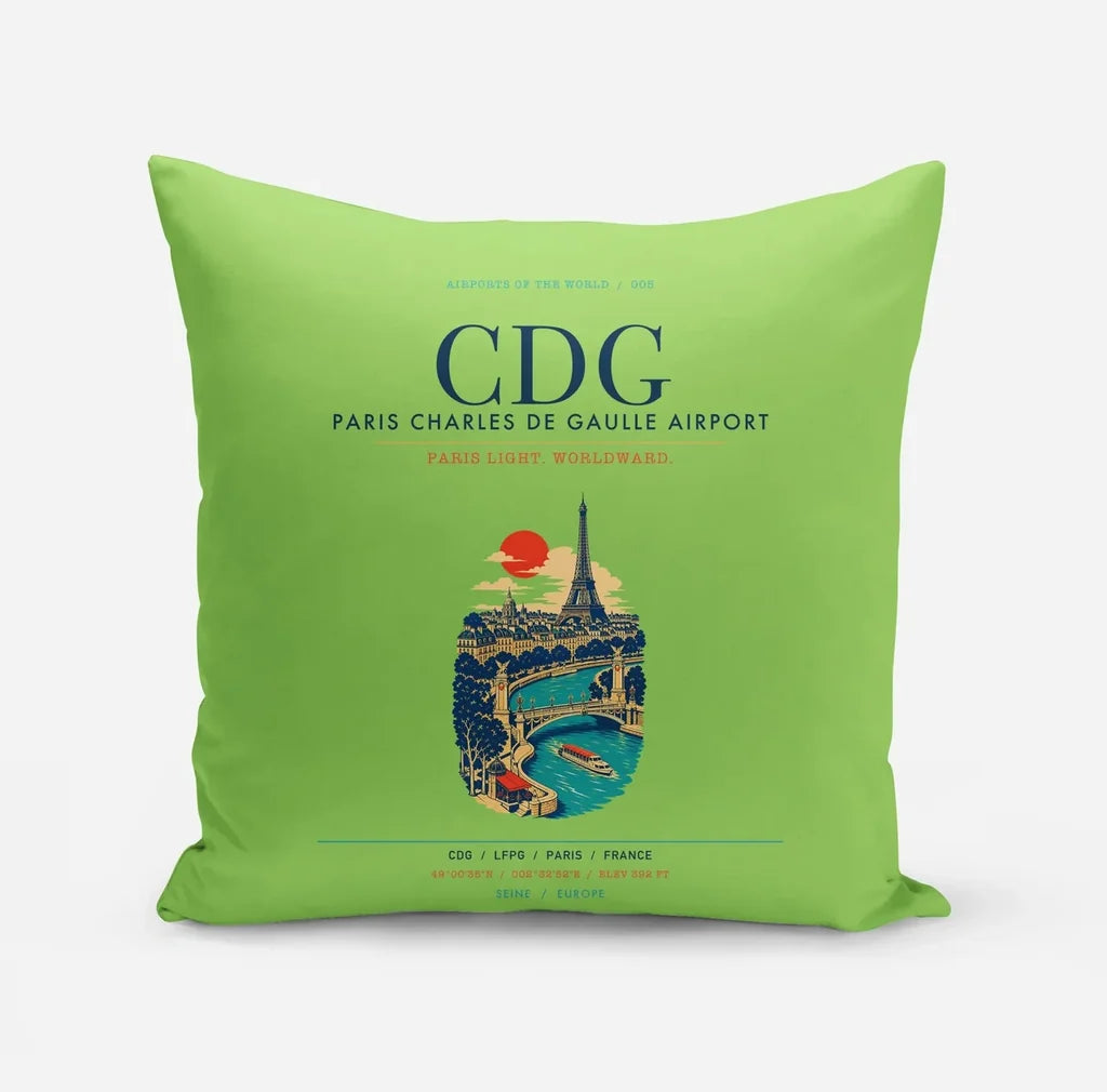 Paris Charles de Gaulle Airport (CDG) design on light green pillow