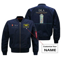 Thumbnail for Douala International Airport (DLA) design on blue bomber jacket with custom name patch