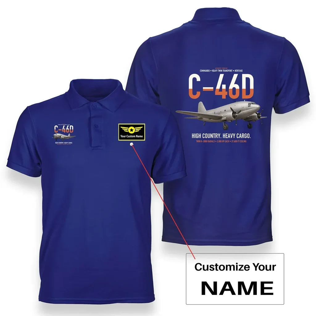 C-46D Commando design on blue+name double-side polo t-shirt, double-side print