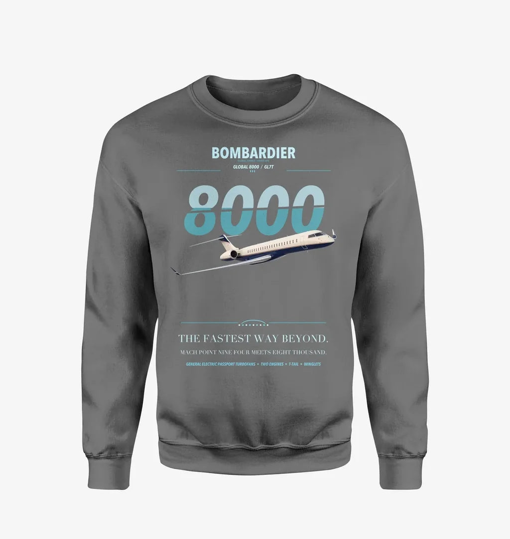 Bombardier Global 8000 design on gray sweatshirt