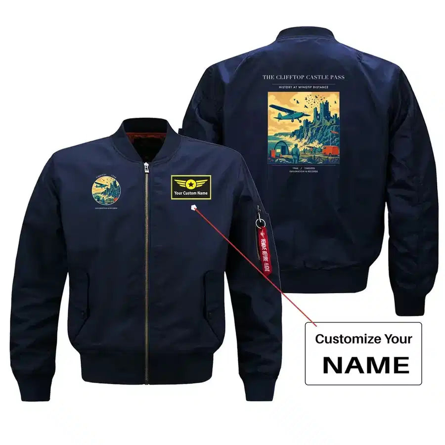 VINTAGE G4447 - The Clifftop Castle Pass - Bomber Jacket design on blue+name