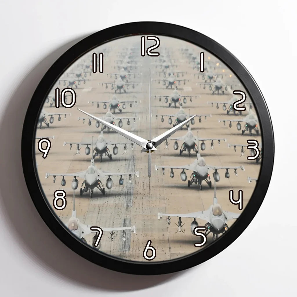 Military Jets aviation design on premium wood and metal wall clock.