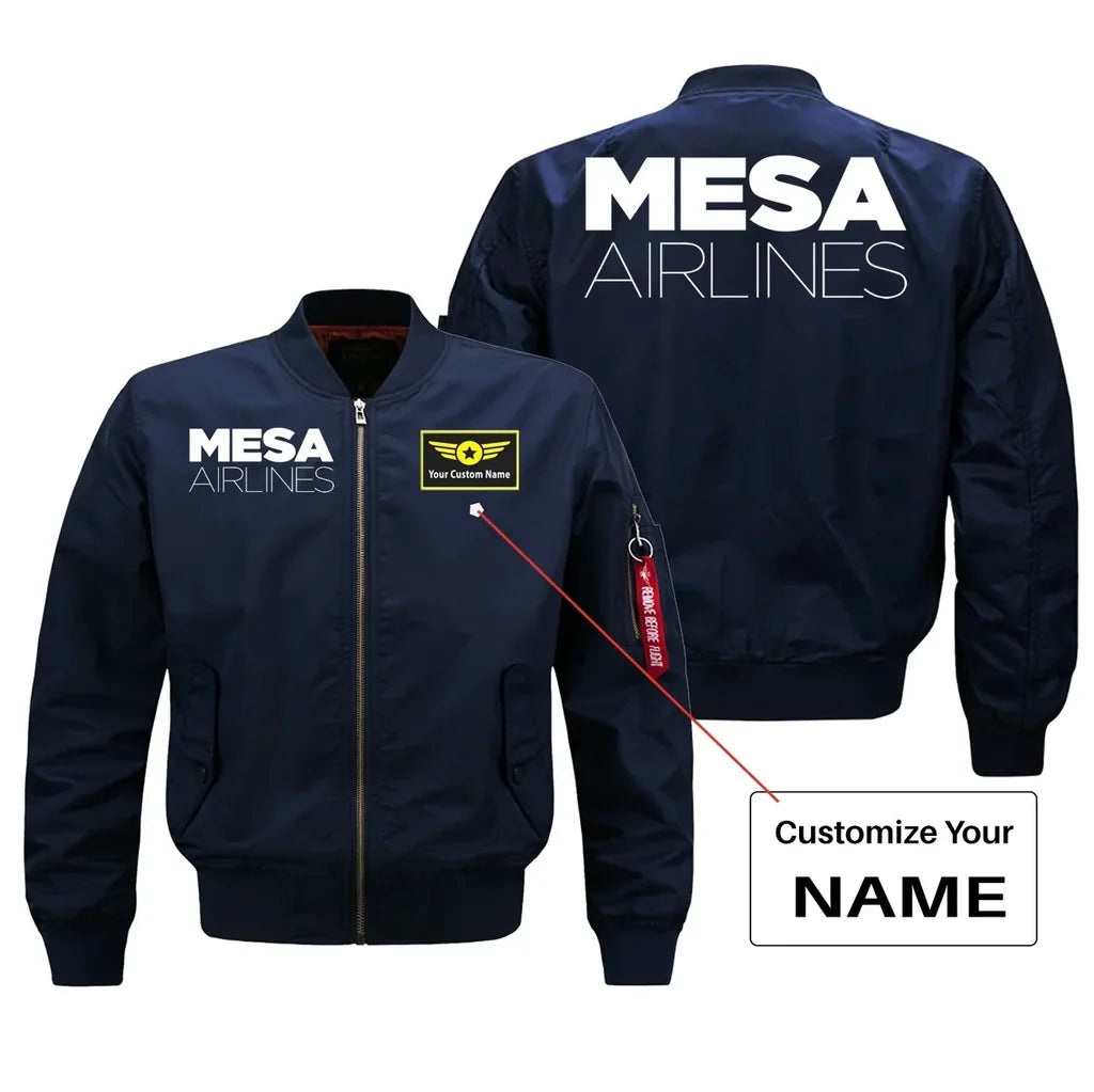 Mesa Airlines aviation design with custom name embroidered on blue bomber jacket