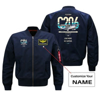 Thumbnail for Cessna 206 Stationair design on blue+name bomber jacket, double-side print