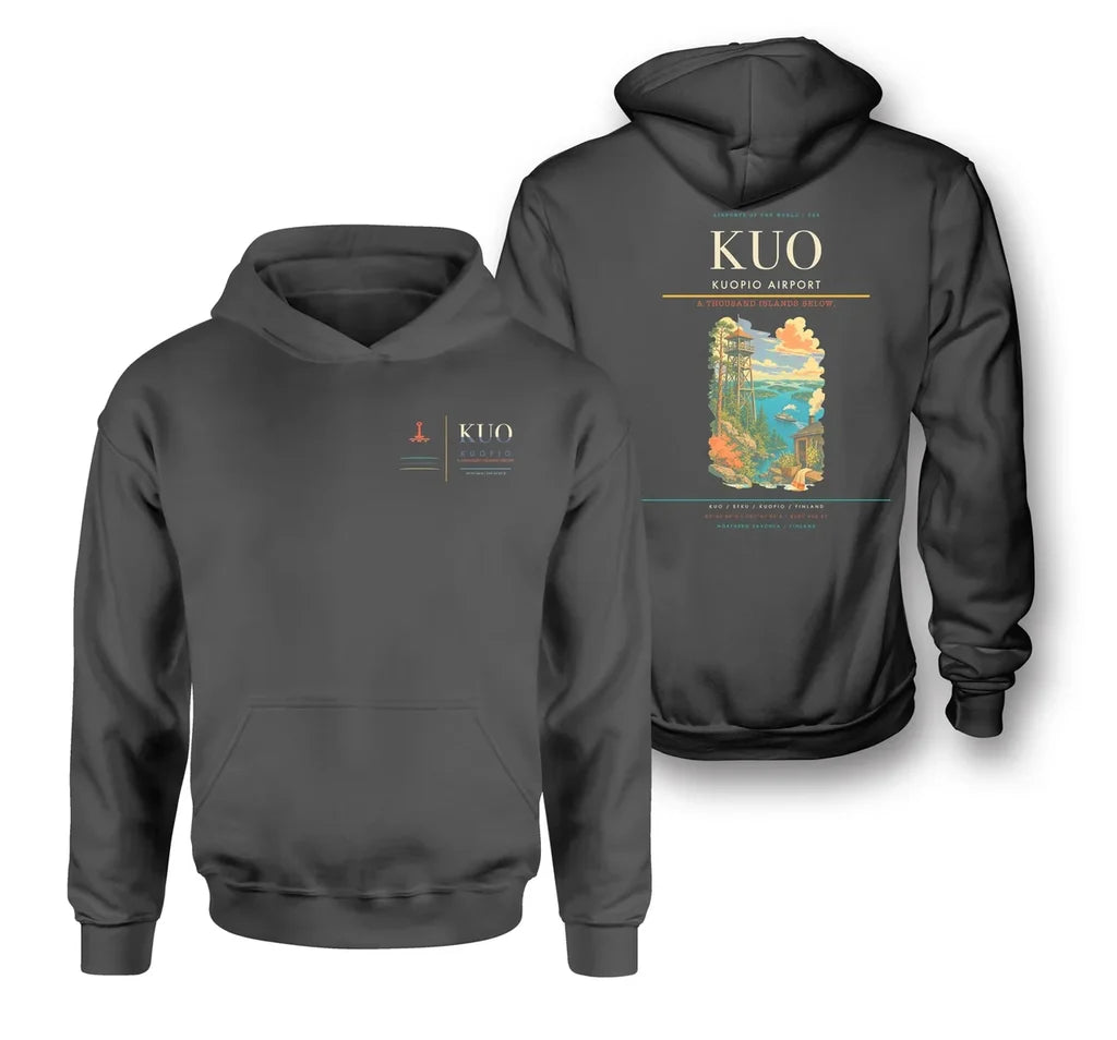 Kuopio Airport (KUO) design on dark gray double-side hoodie