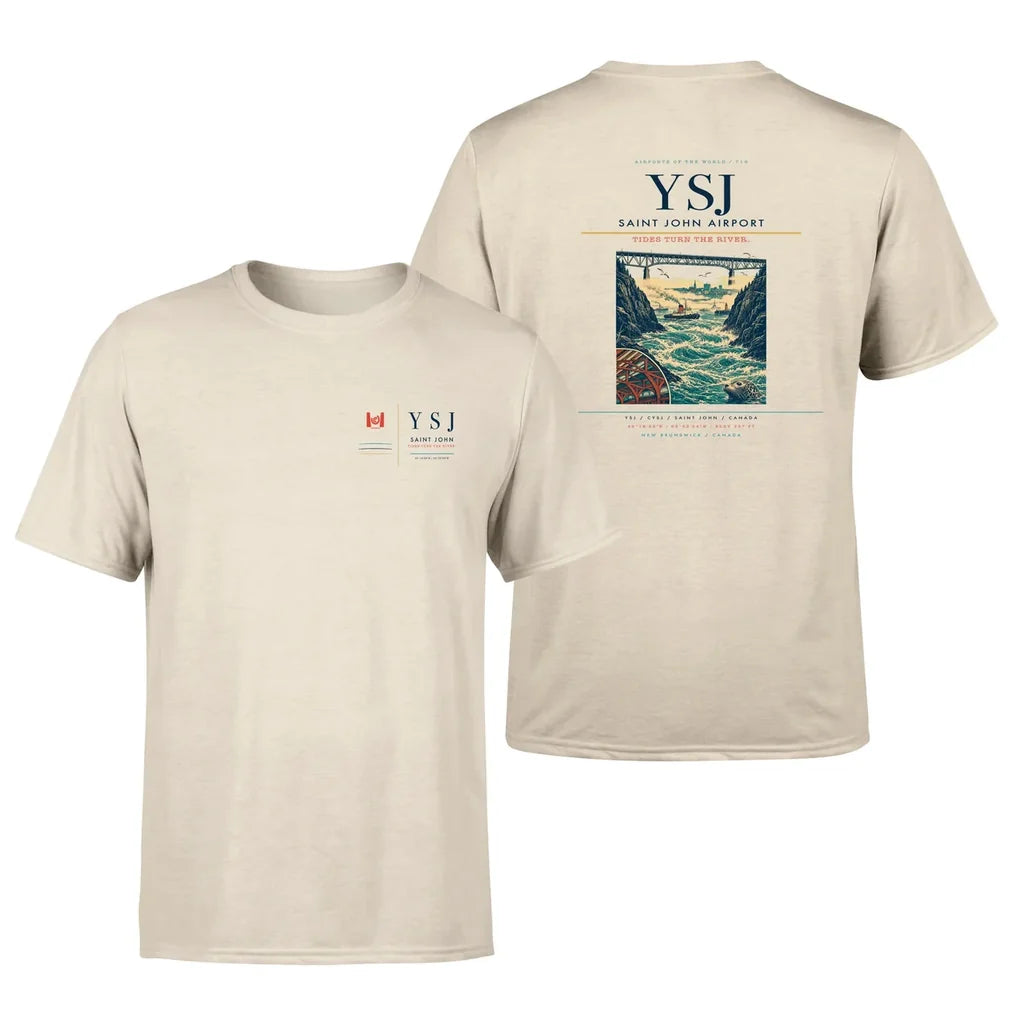 Saint John Airport (YSJ) design printed on beige double-side t-shirt