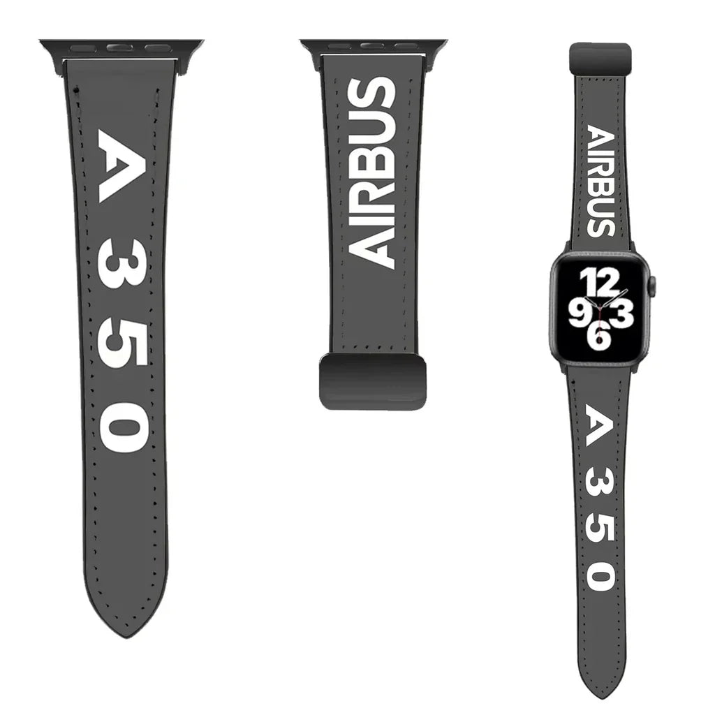 Airbus A350 Flat Text leather apple watch band - grey
