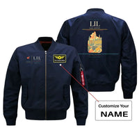 Thumbnail for Lille Airport (LIL) design on blue bomber jacket with custom name patch