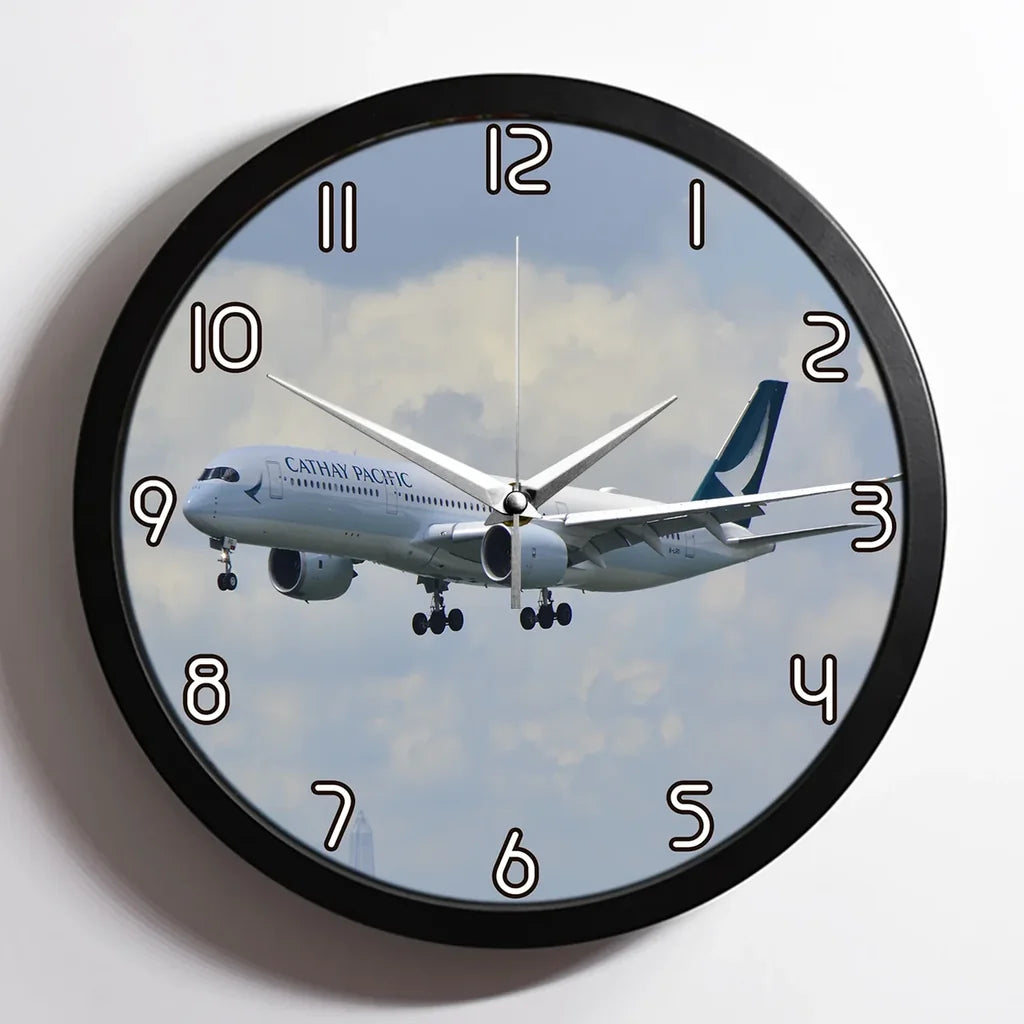 Cathay Pacific Airbus A350 aviation design on premium wood and metal wall clock.