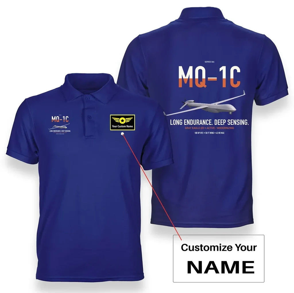 MQ-1C Gray Eagle ER design on blue+name double-side polo t-shirt, double-side print