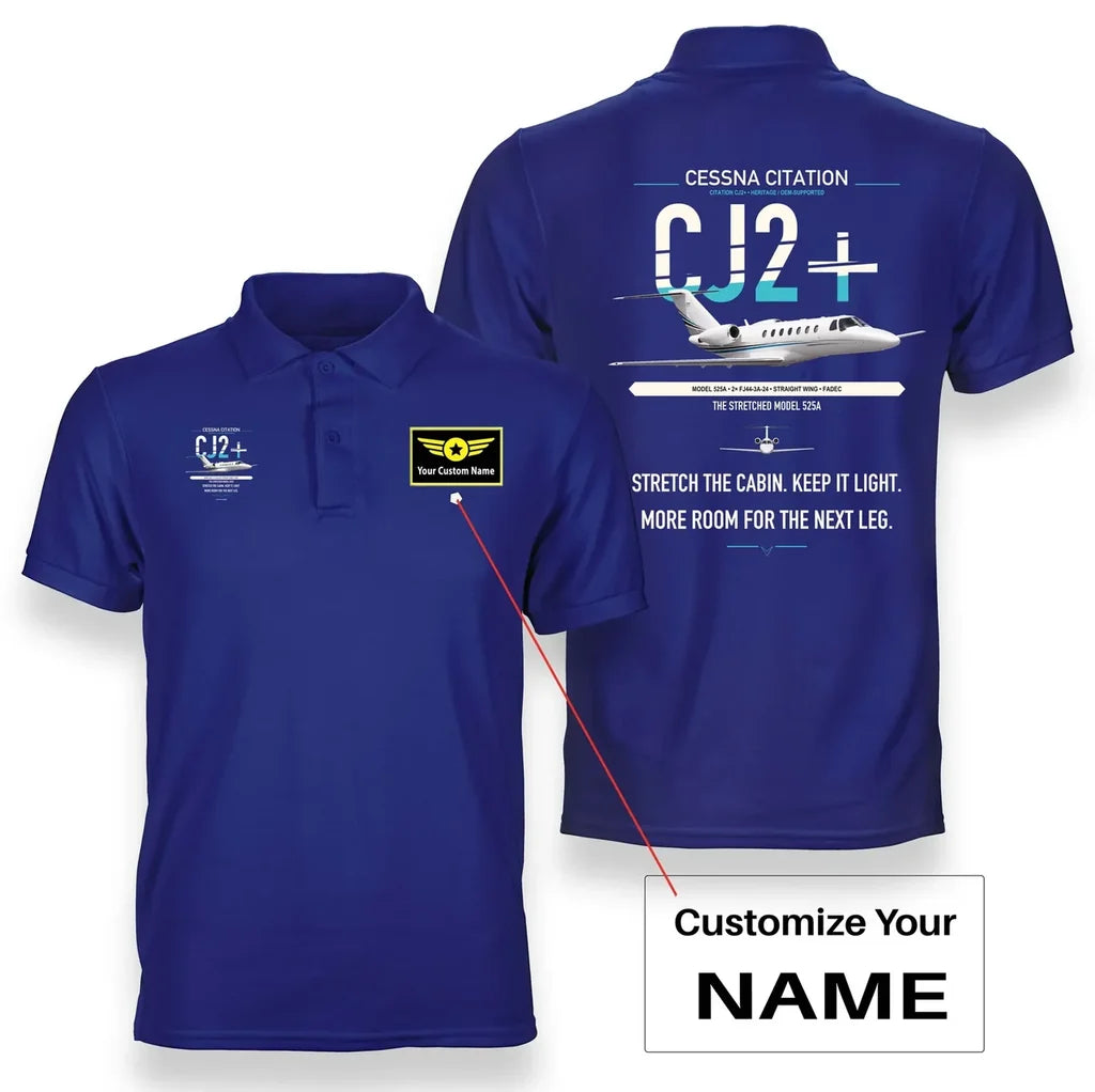 Cessna Citation CJ2+ design on blue+name double-side polo t-shirt, double-side print