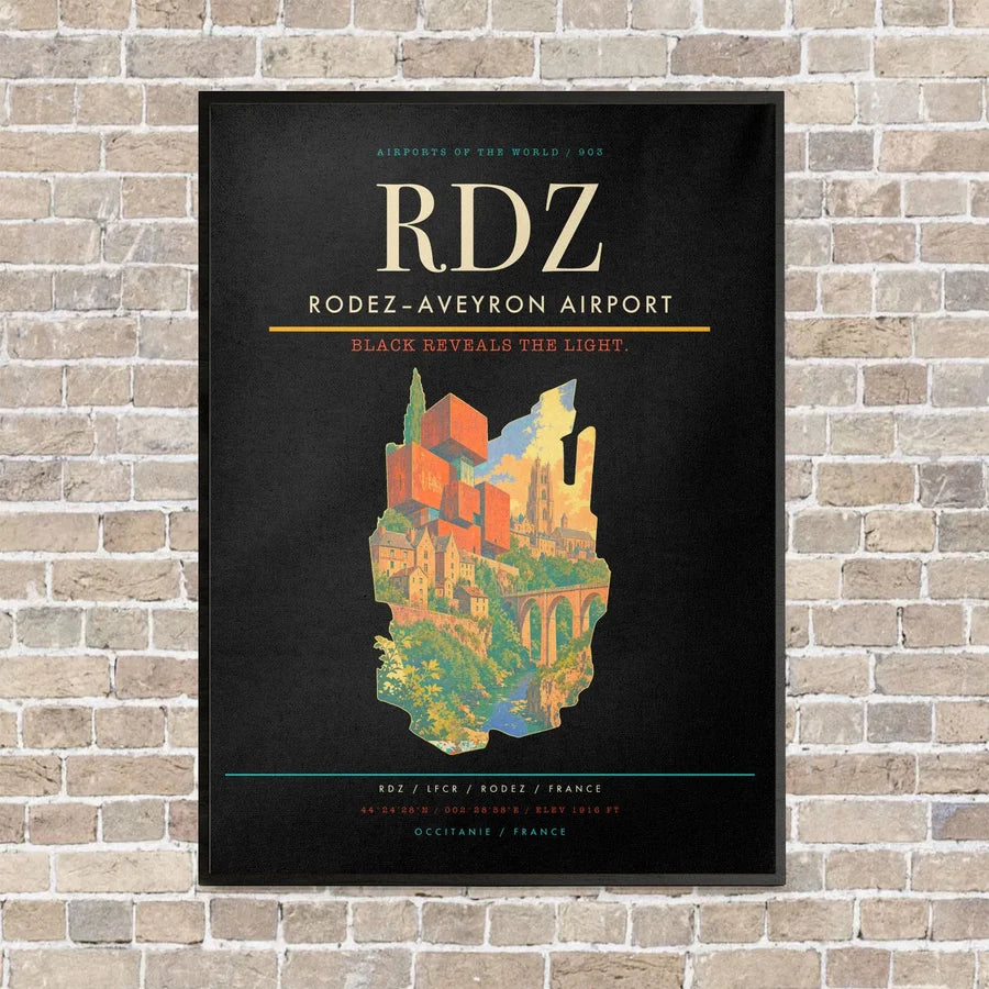 Rodez–Aveyron Airport RDZ vertical canvas print - framed - black background