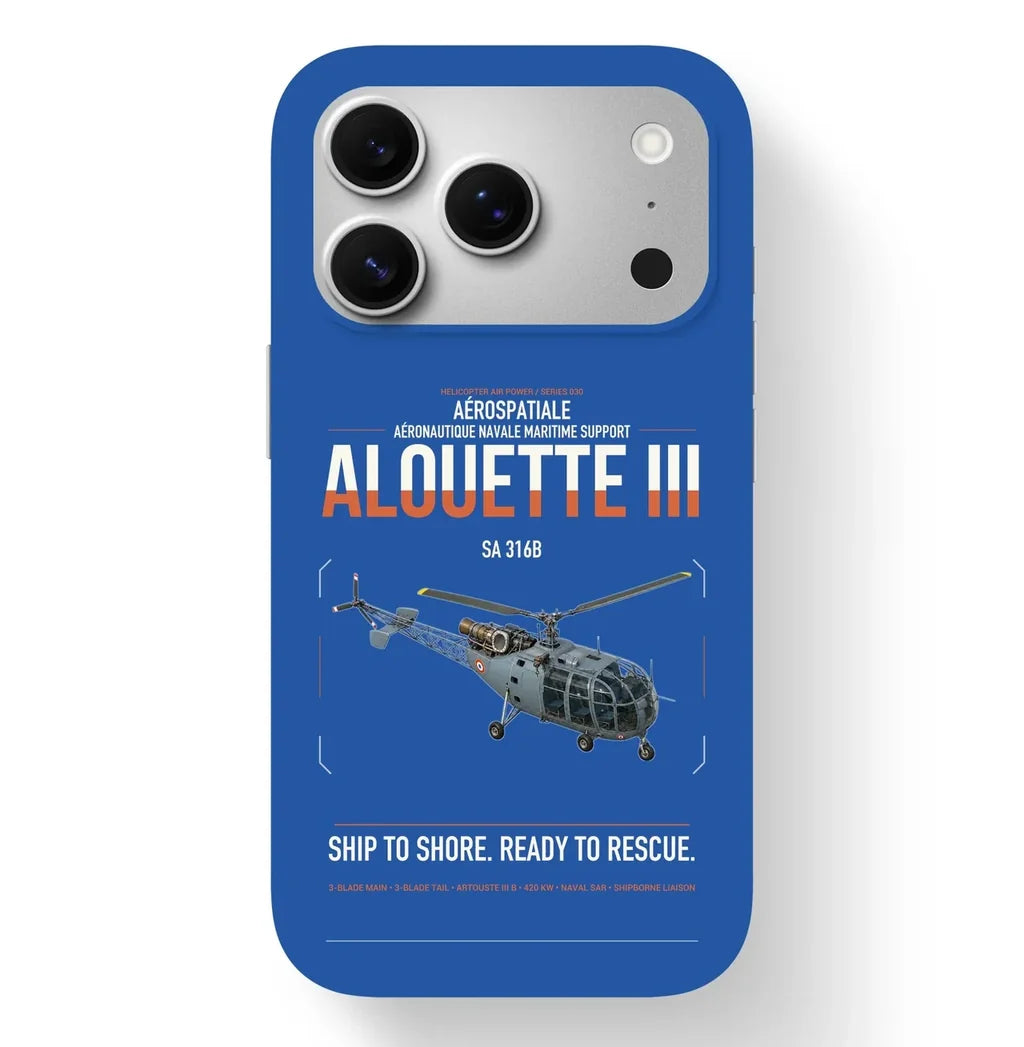 Aérospatiale SA 316B Alouette III design on blue magsafe iphone case, for iPhone 17 Pro