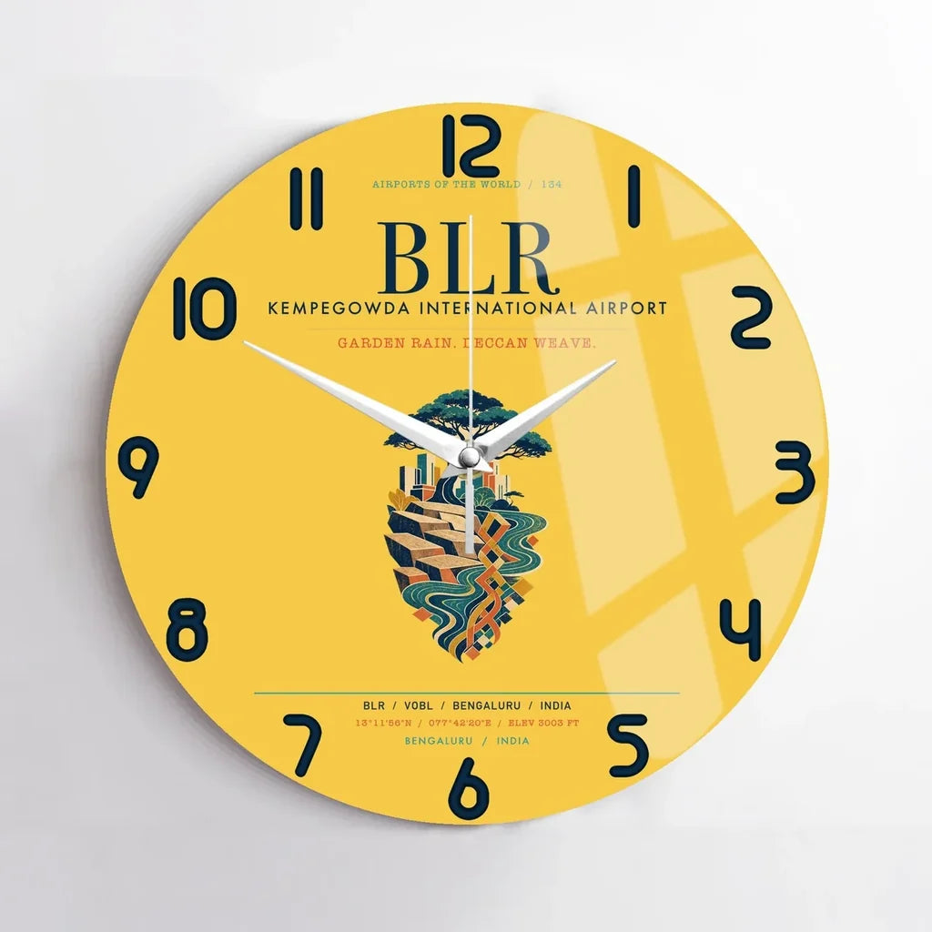Kempegowda International Airport Bengaluru (BLR) design on yellow no frame wall clock