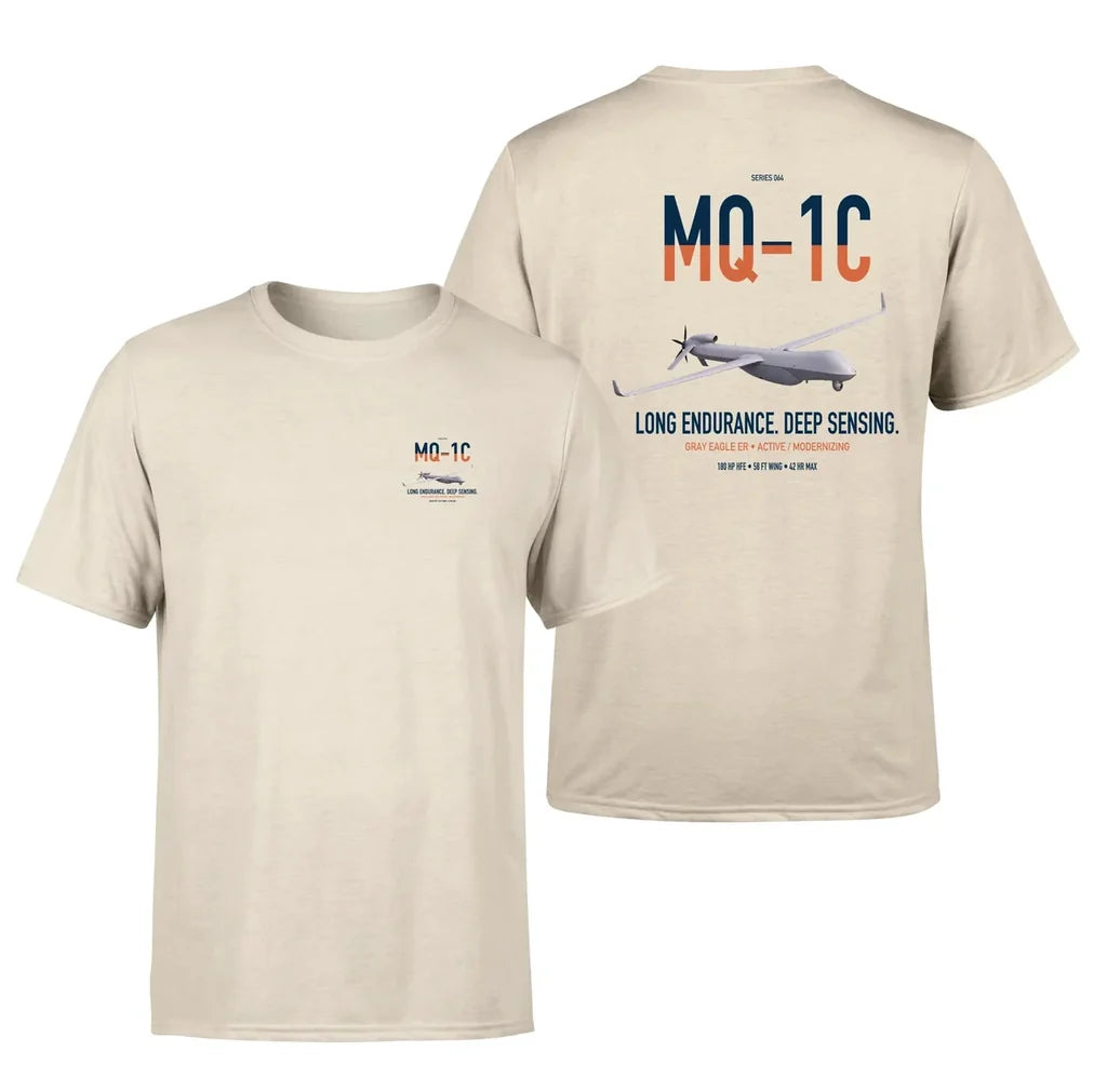 MQ-1C Gray Eagle ER design on beige double-side t-shirt, double-side print