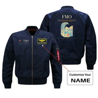 Thumbnail for Munster Osnabruck International Airport (FMO) design on blue bomber jacket with custom name patch