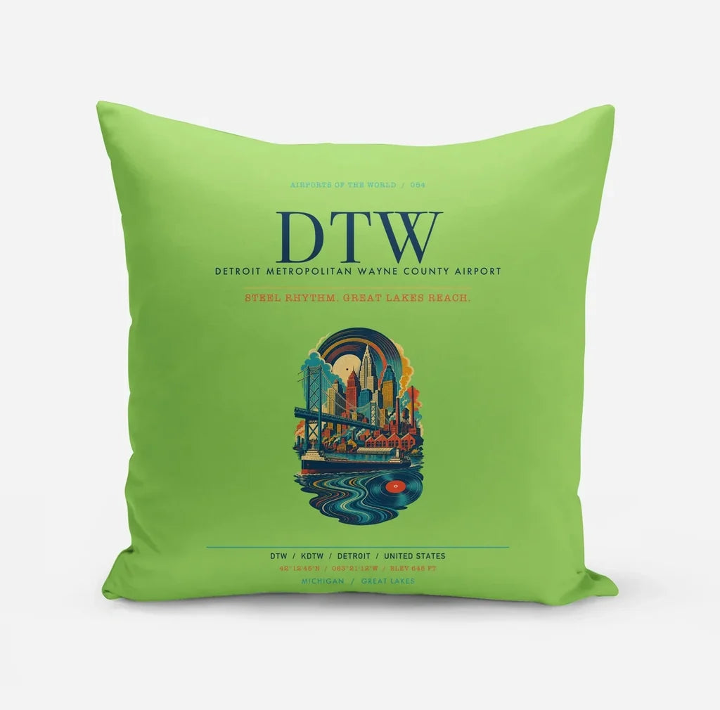 Detroit Metropolitan Wayne County Airport (DTW) design on light green pillow