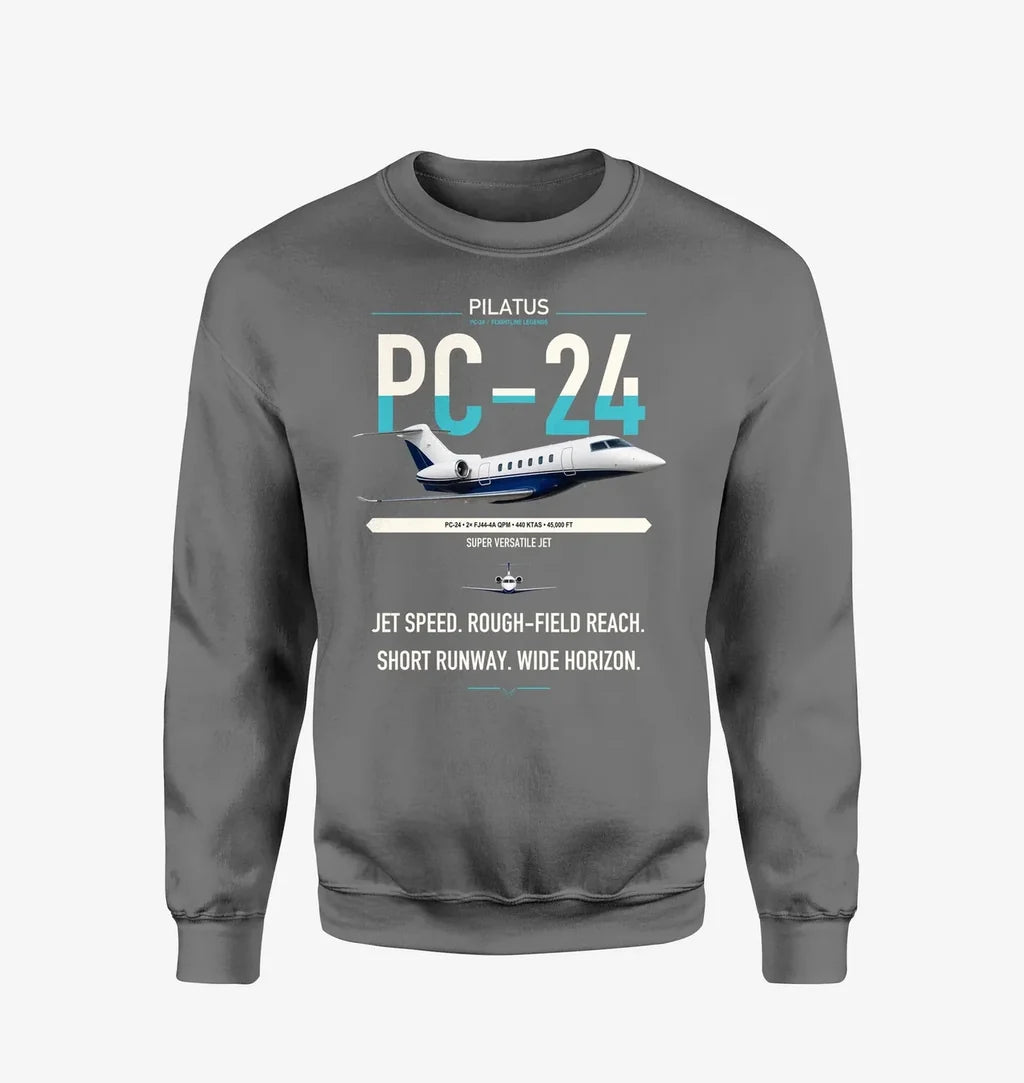 Pilatus PC-24 design on gray sweatshirt