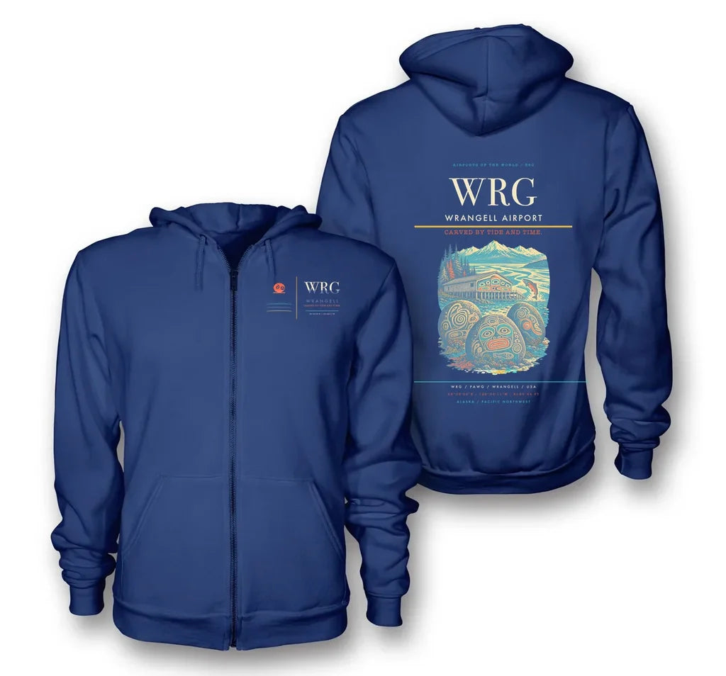 Wrangell Airport (WRG) design on blue premium zipped hoodie