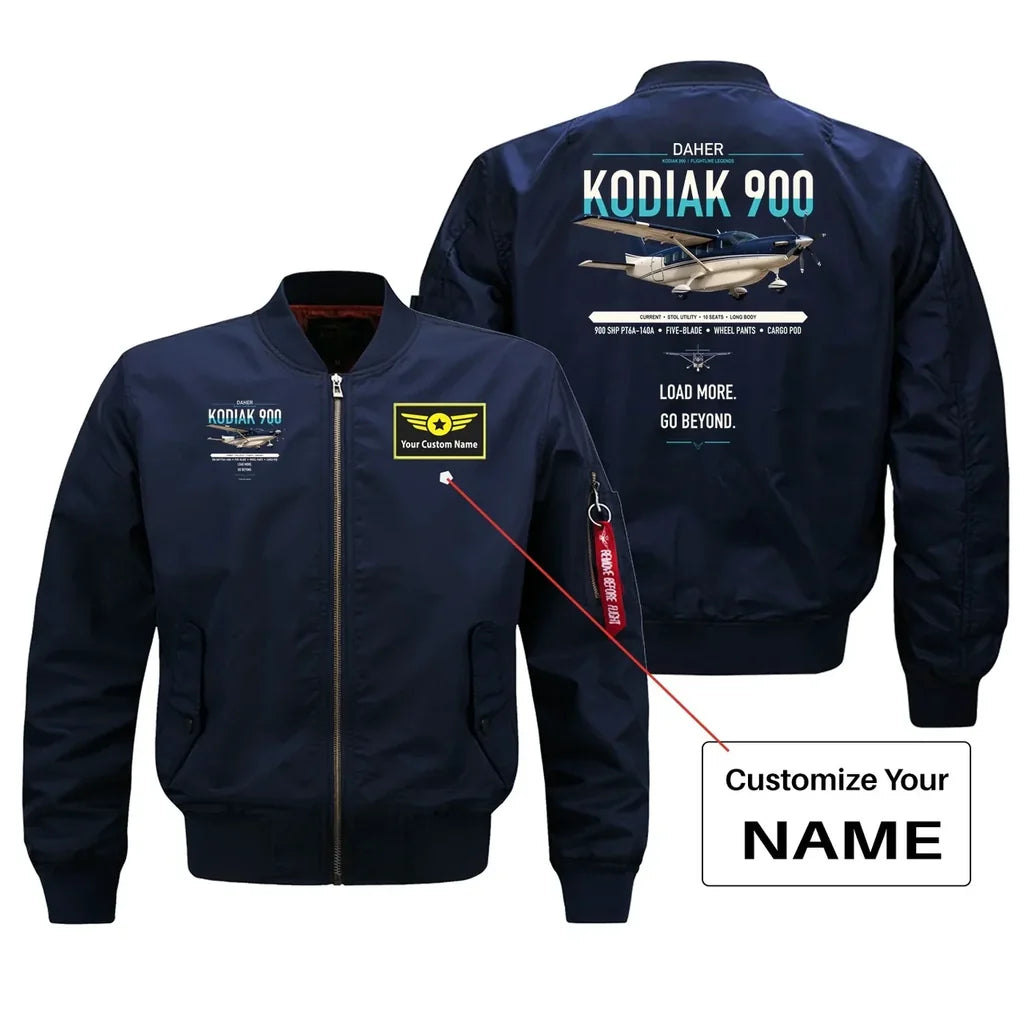 Daher Kodiak 900 design on blue+name bomber jacket, double-side print