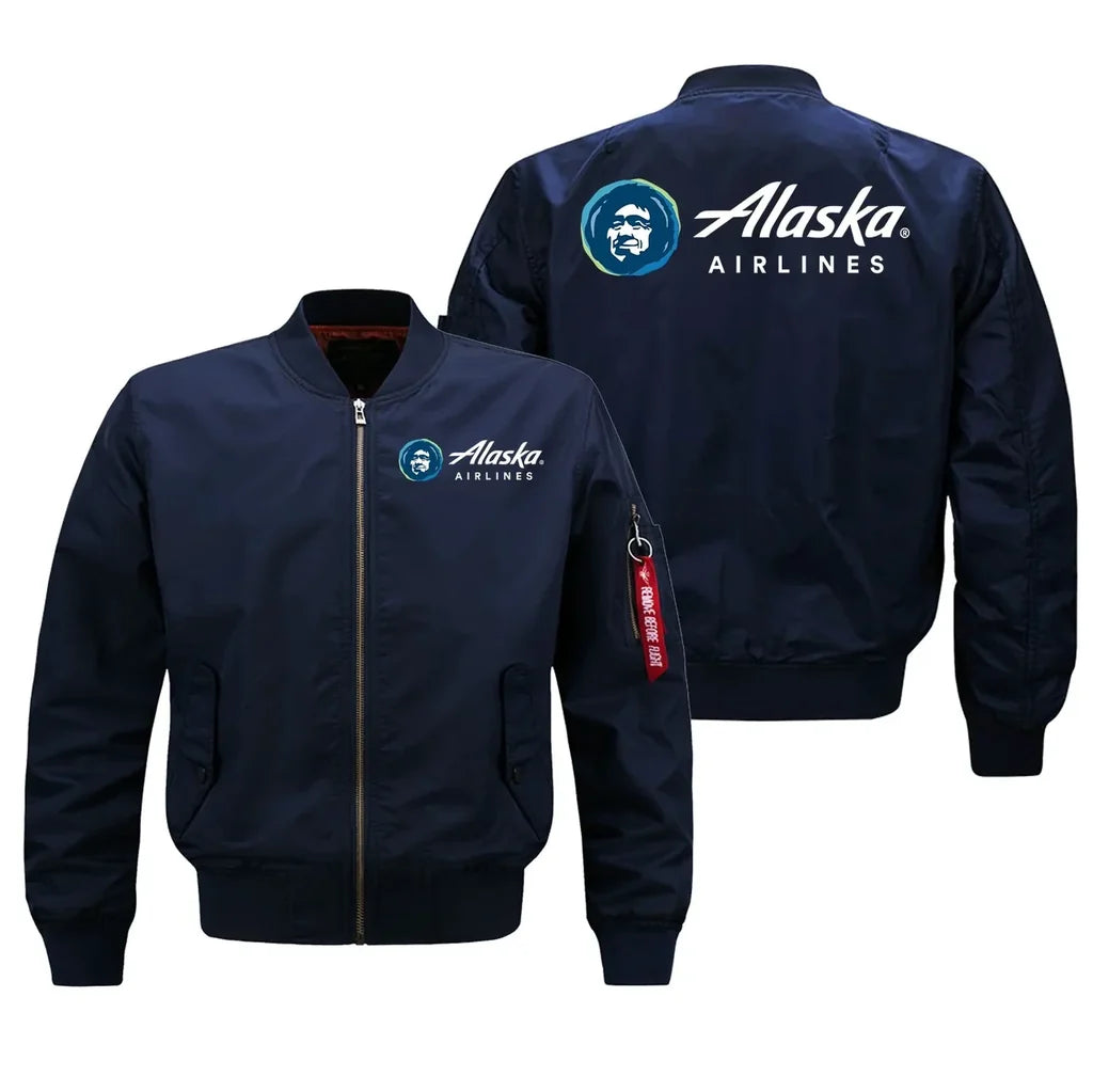 Alaska Airlines logo on blue bomber jacket