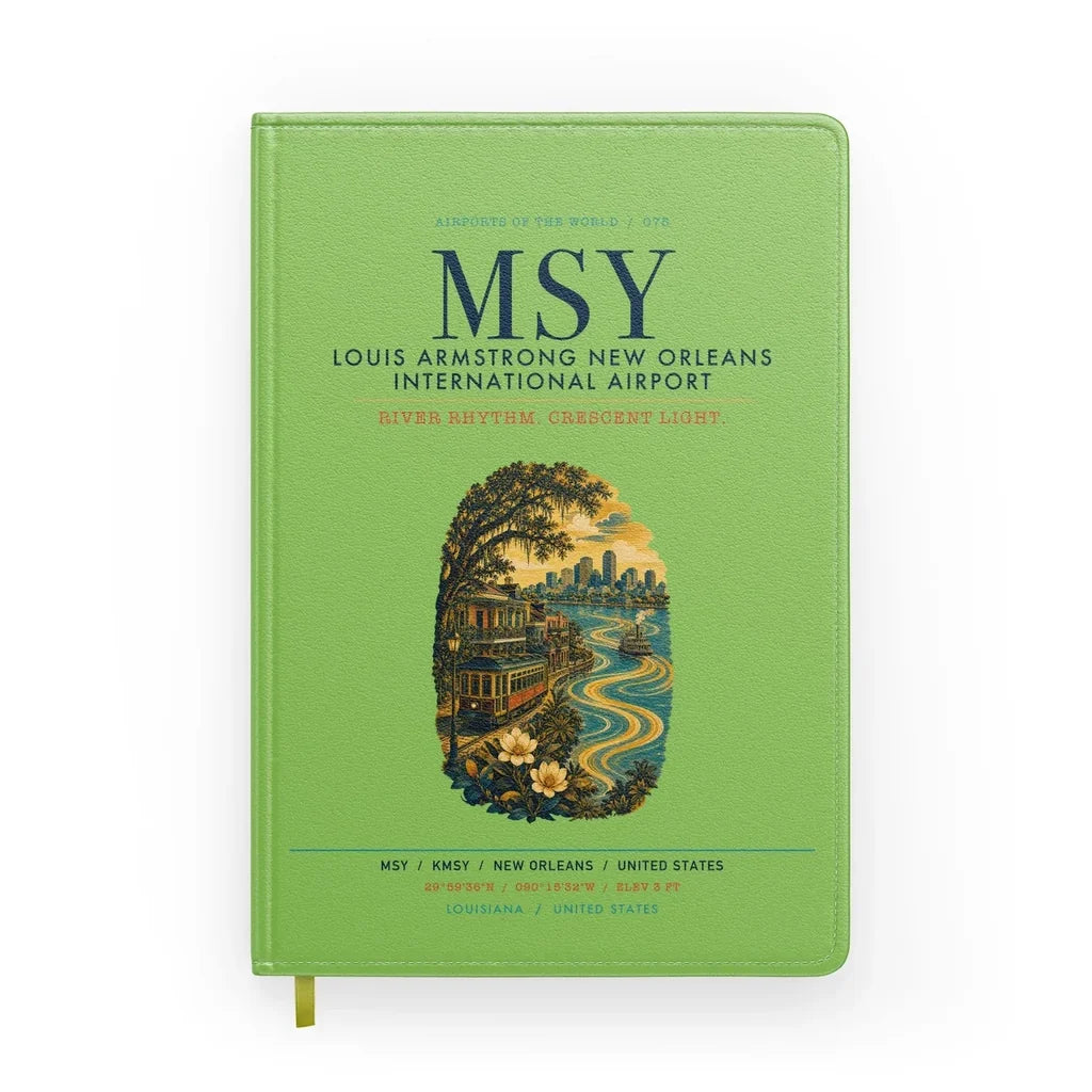 Louis Armstrong New Orleans International Airport (MSY) design on light green notebook