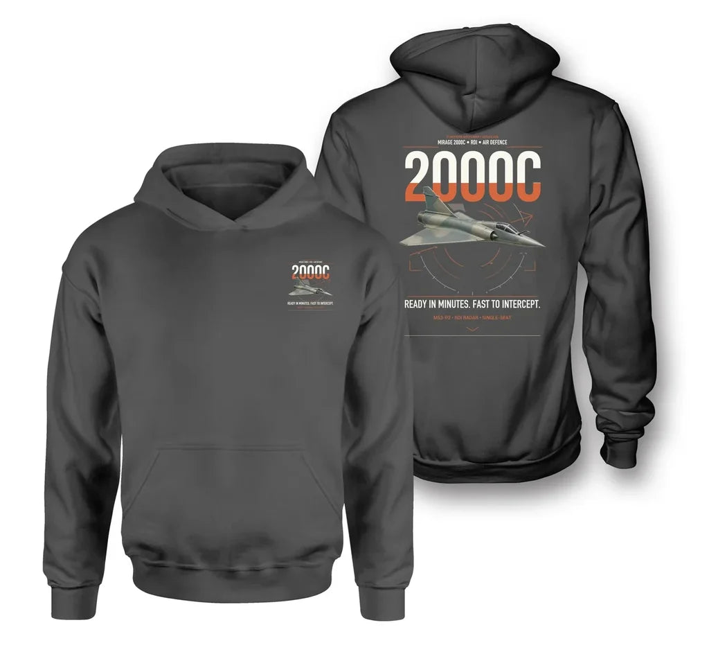Dassault Mirage 2000C RDI design on dark gray double-side hoodie, double-side print