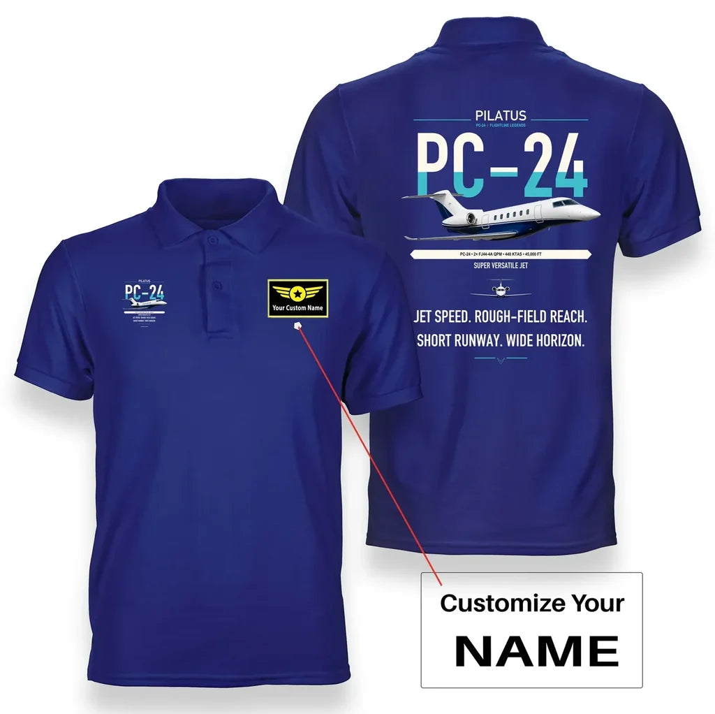 Pilatus PC-24 design on blue+name double-side polo t-shirt, double-side print