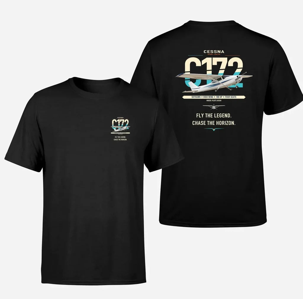 Cessna 172 Skyhawk design on black t-shirt, double-side print