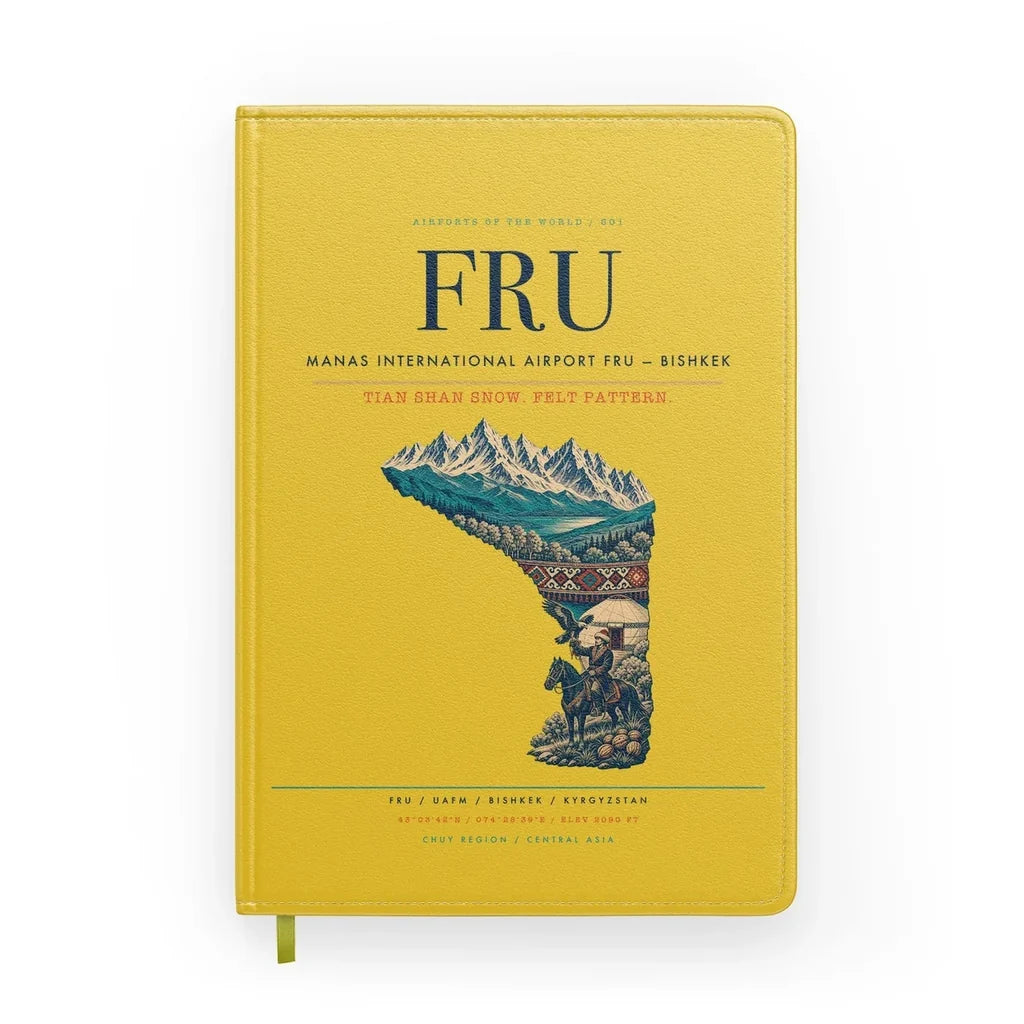 Manas International Airport (FRU) design on yellow notebook