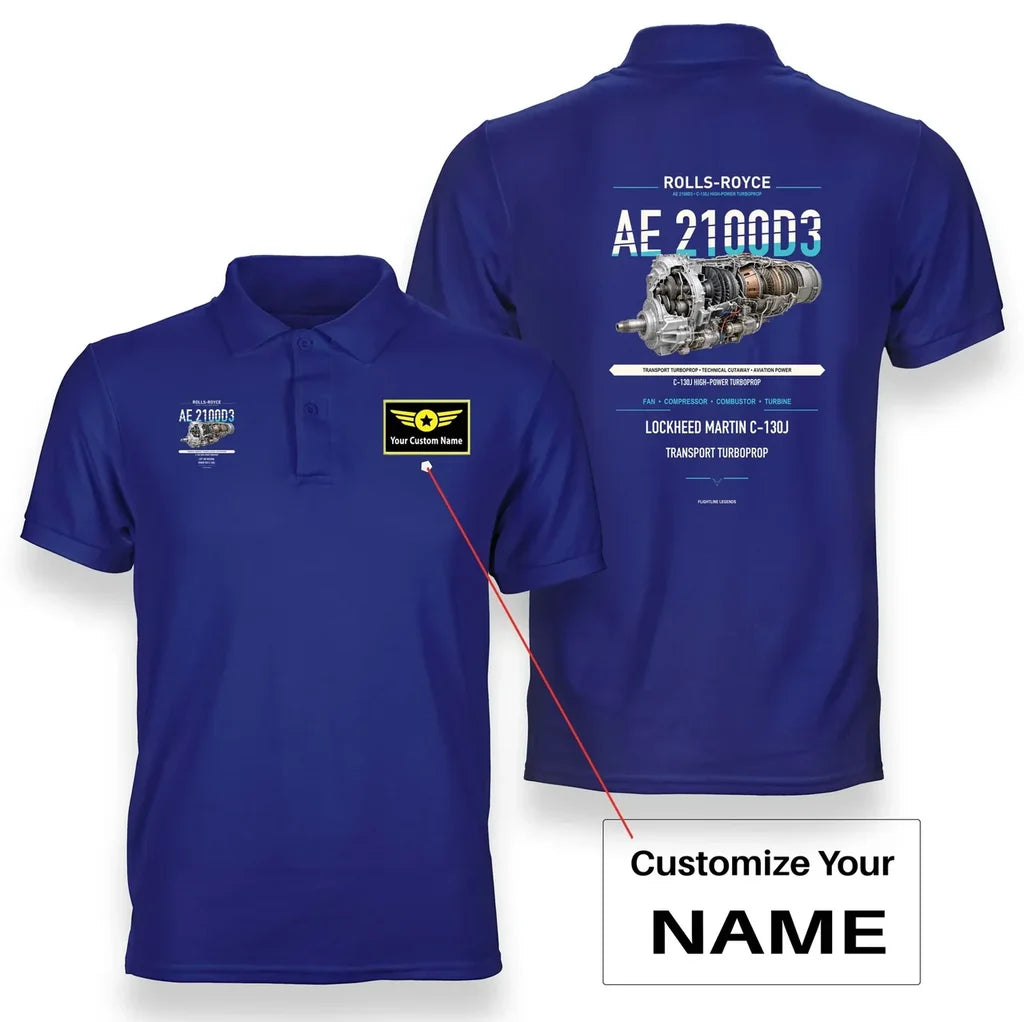 AE 2100D3 design on blue polo with custom name badge