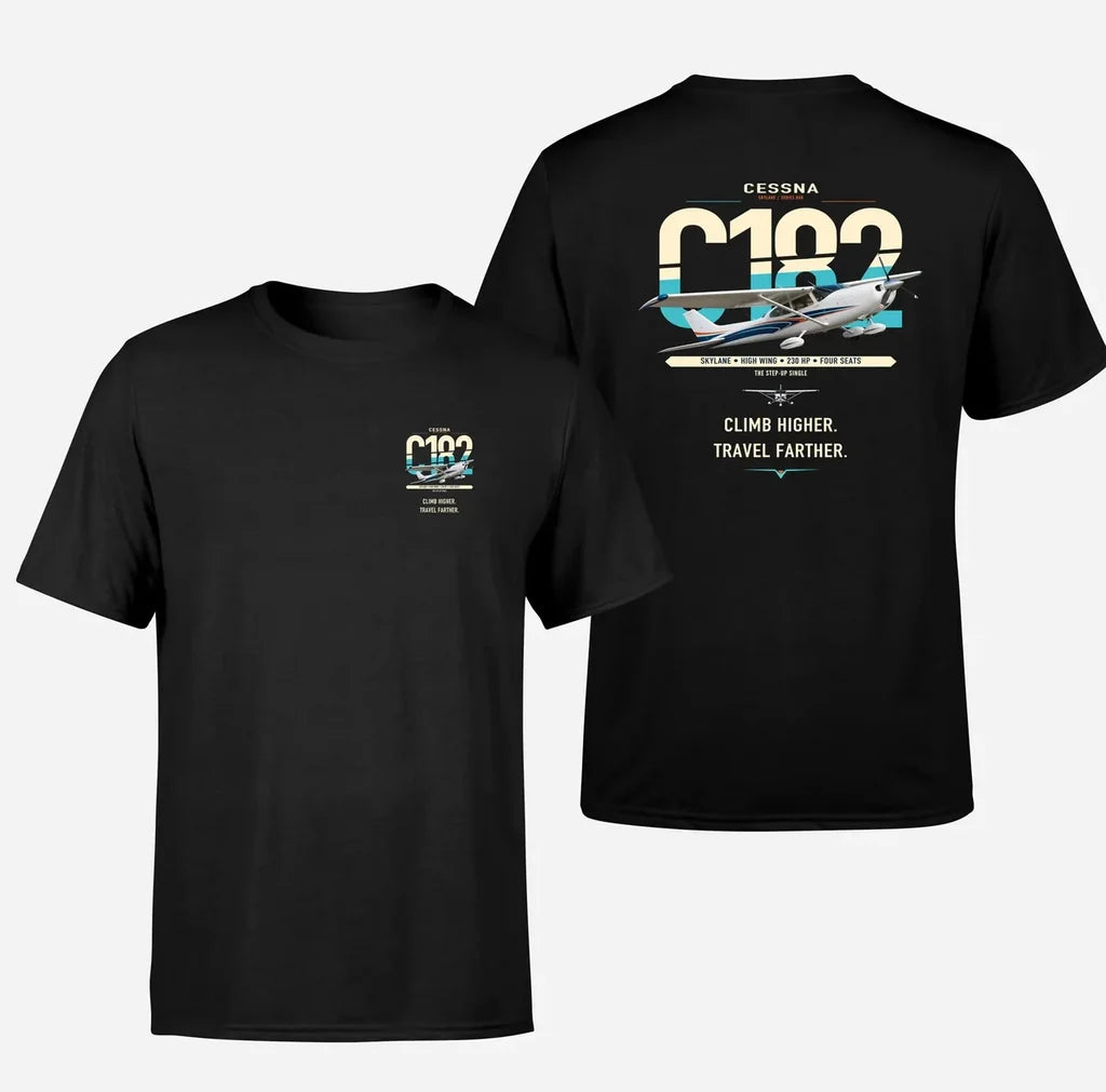 Cessna 182 Skylane design on black t-shirt, double-side print