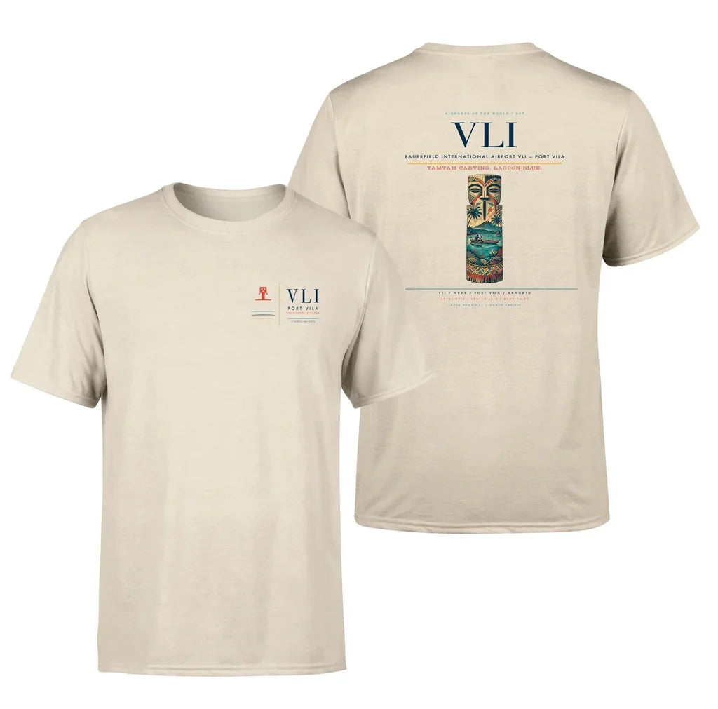 Bauerfield International Airport (VLI) design printed on beige double-side t-shirt
