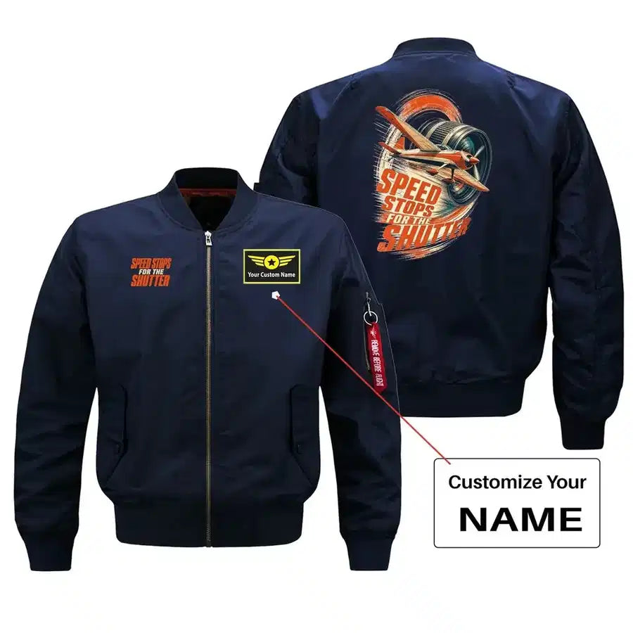 SIGNAL 649 - Speed Stops For The Shutter - Bomber Jacket design on blue bomber jacket with custom name badge