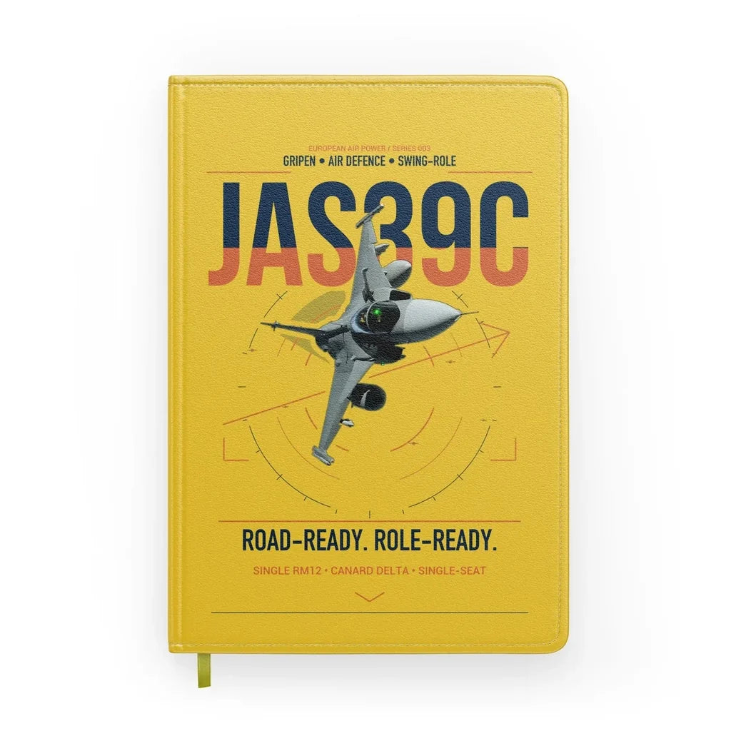 Saab JAS 39C Gripen design on yellow notebook