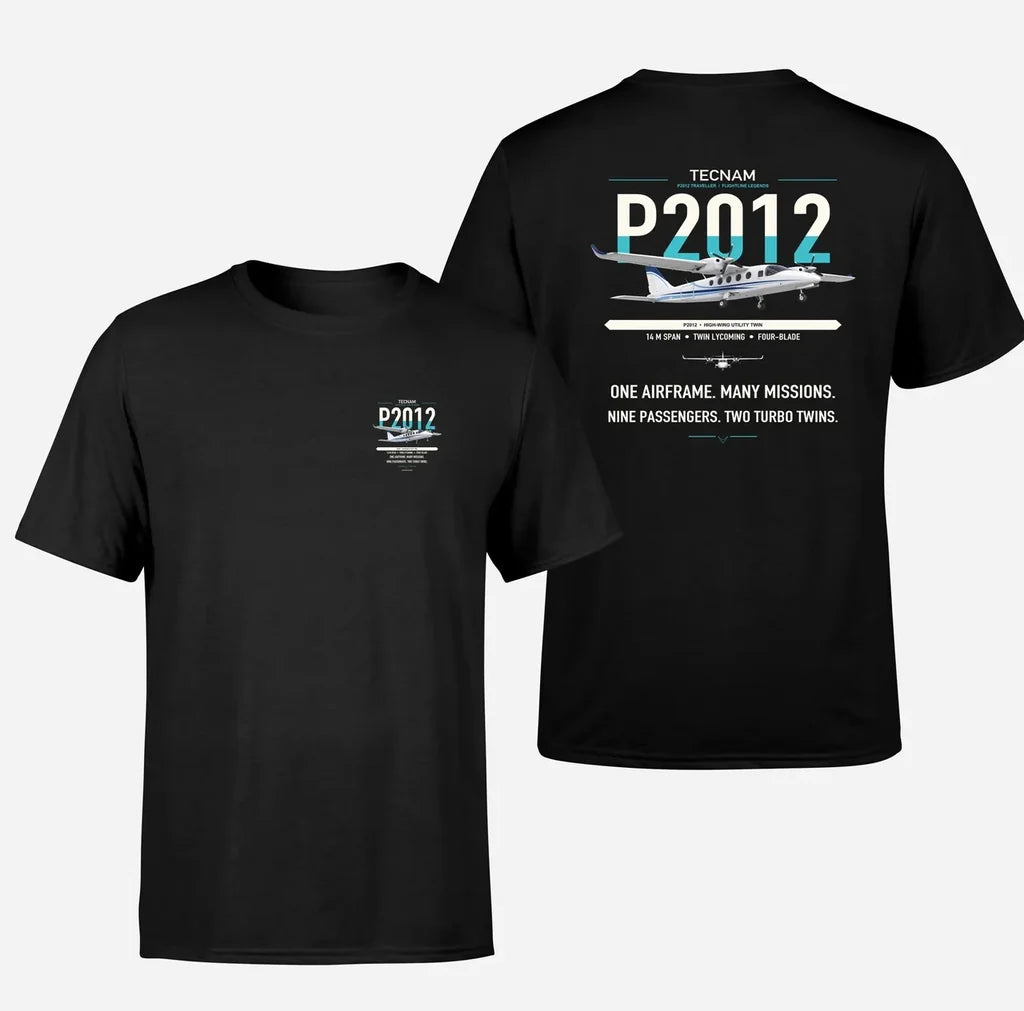 Tecnam P2012 Traveller design on black t-shirt, double-side print