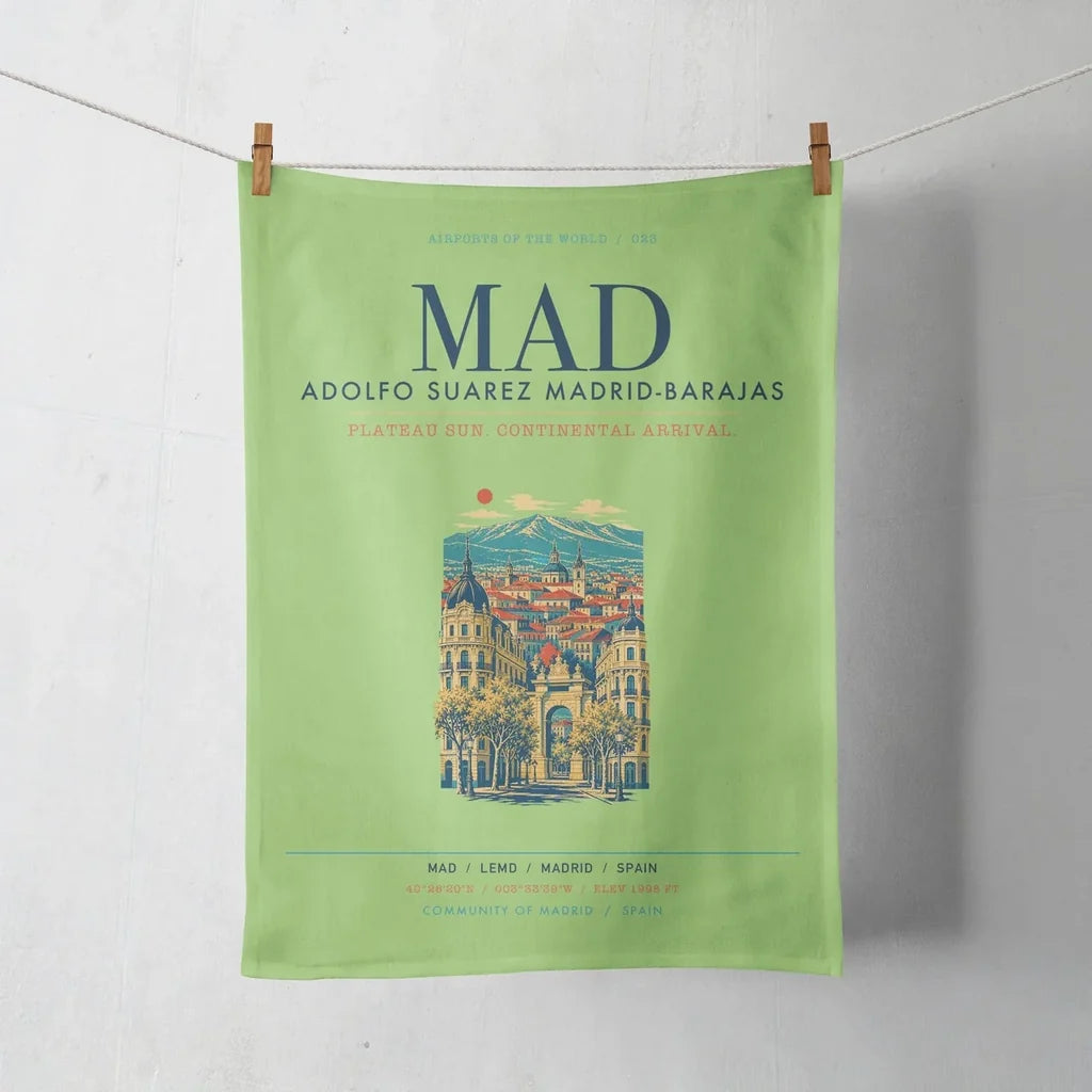 Adolfo Suarez Madrid-Barajas Airport (MAD) design on light green towel