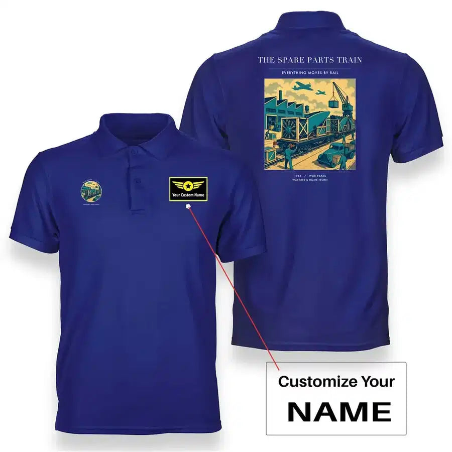 VINTAGE G4527 - The Spare Parts Train - Double-Side Polo T-Shirt design on blue+name