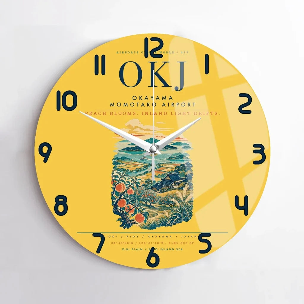 Okayama Momotaro Airport (OKJ) design on yellow no frame wall clock
