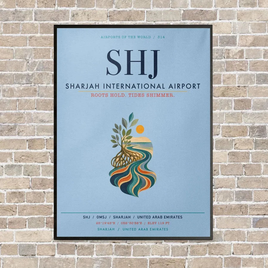 Sharjah International Airport SHJ vertical canvas print - framed - light blue background